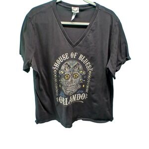 House of Blues Orlando Graphic T-Shirt 2XL Black Sugar Skull V-Neck Cotton Rock